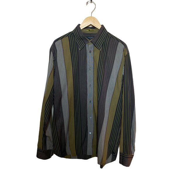 TED BAKER Button Front Shirt Multicolor Brown Long Sleeve Cotton Ted Size 5  XL - Picture 1 of 8